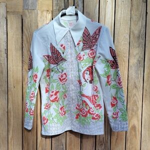 American Apparel White Long Sleeve Collared Floral Print Blouse